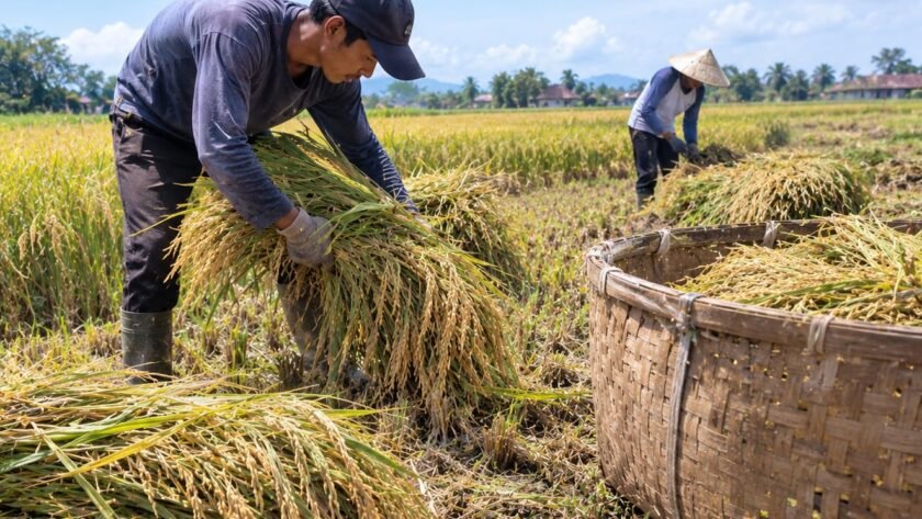 cara mengumpulkan gabah di sawah
